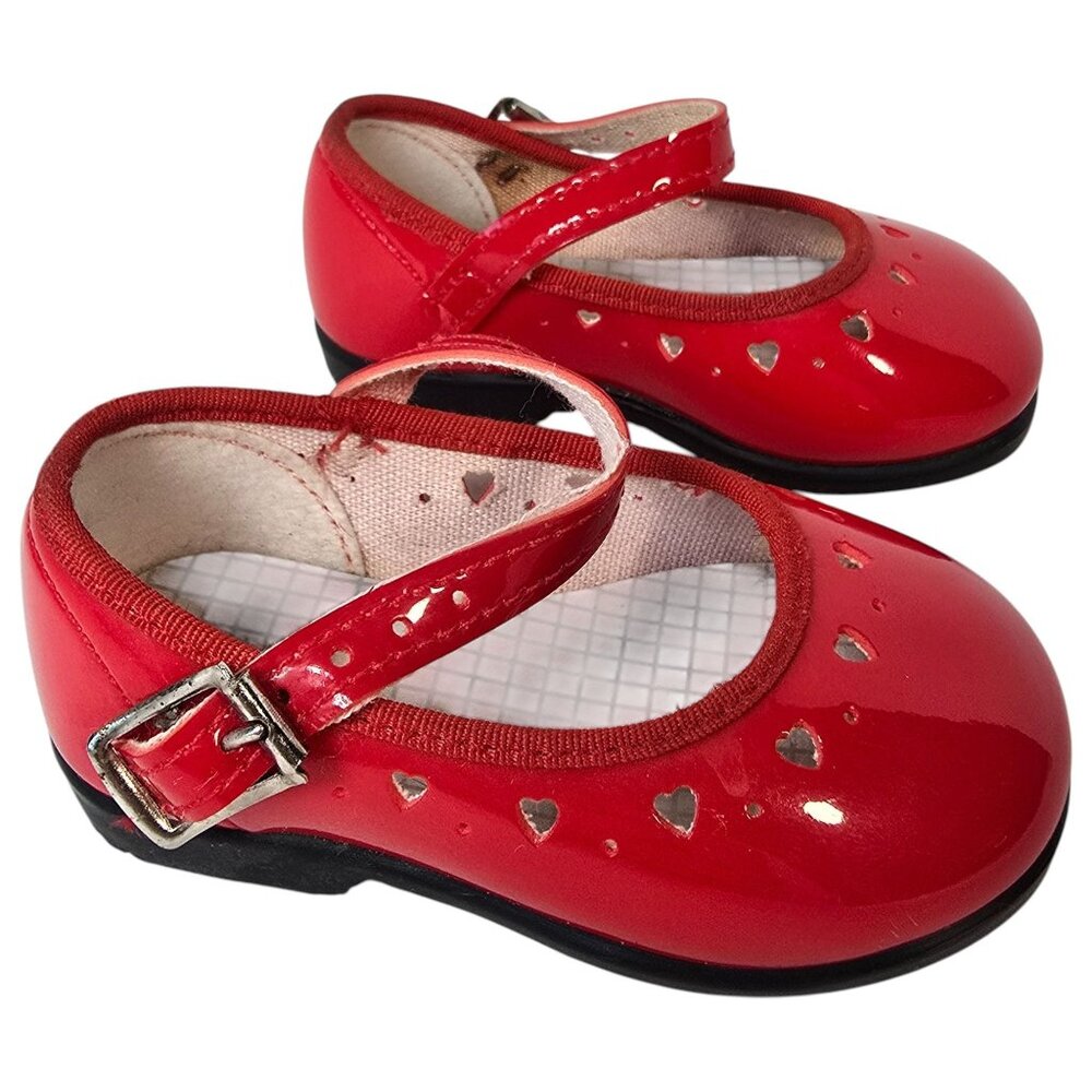 VTG Red Patent Leather Look Baby Girl Mary Jane Shoes Heart Cutouts Buckle USA